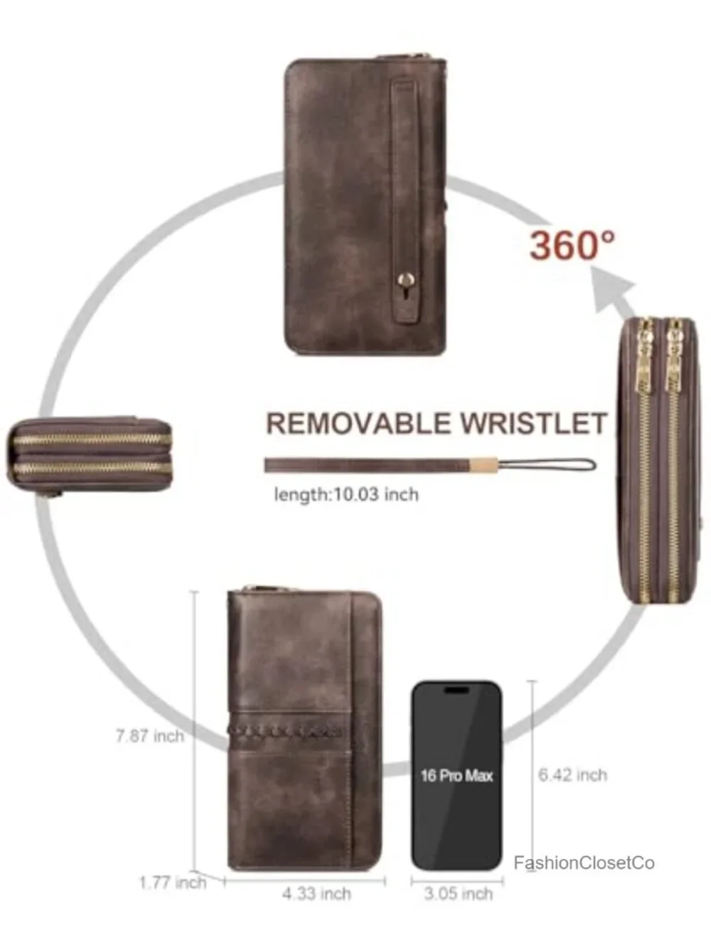 Vegan Leather Double Zipper Large Capacity Wristlet RFID Clutch Wallet
